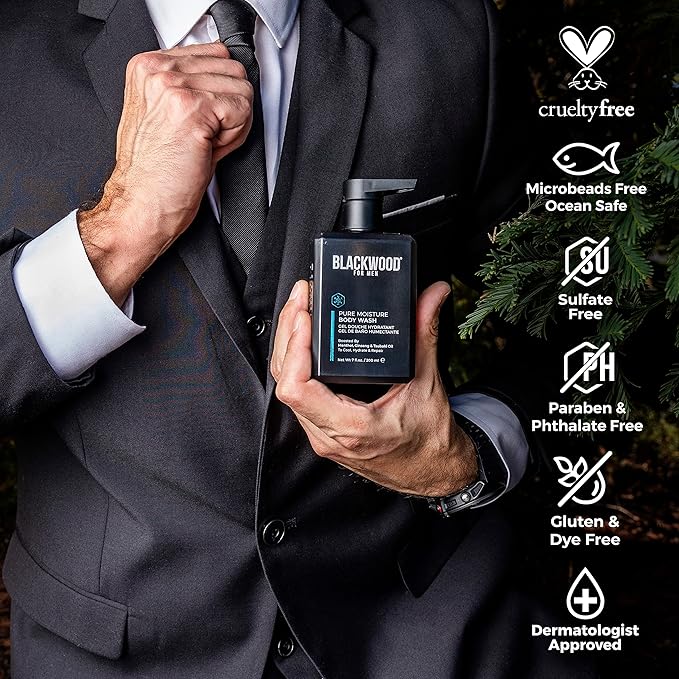 Blackwood For Men Pure Moisture Body Wash (7oz) + Double Duty Beard &amp Body Scrubber Bundle - Natural Vegan Formula for Sensitive Skin and Workout Recovery - Dual-Sided Men's Shower Tool