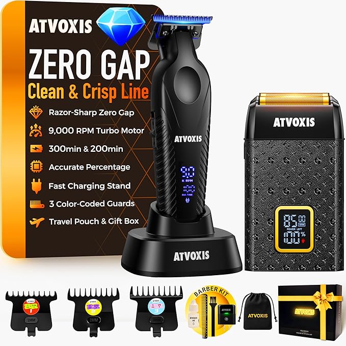 9000 RPM Razor-Sharp Zero Gap T Blade Hair/Beard Trimmer for Men 3-Speed Leather-Wrapped Close Shave Foil Shaver Cordless Travel Pouch USB-C Rechargeable Fast Charging Base Charger Included
