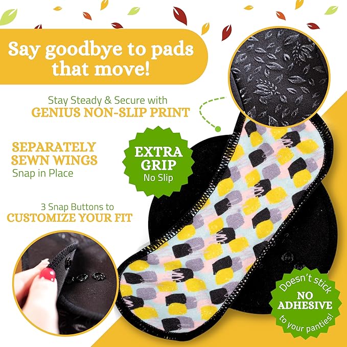 Non-Slip High Absorbency Reusable Period Pads for Heavy Flow (6 Pack L+XL) - Leak Proof &amp Odor Free Cotton Cloth Pads for Women - High-Temp Washable Breathable &amp Skin-Safe for Menstrual Comf