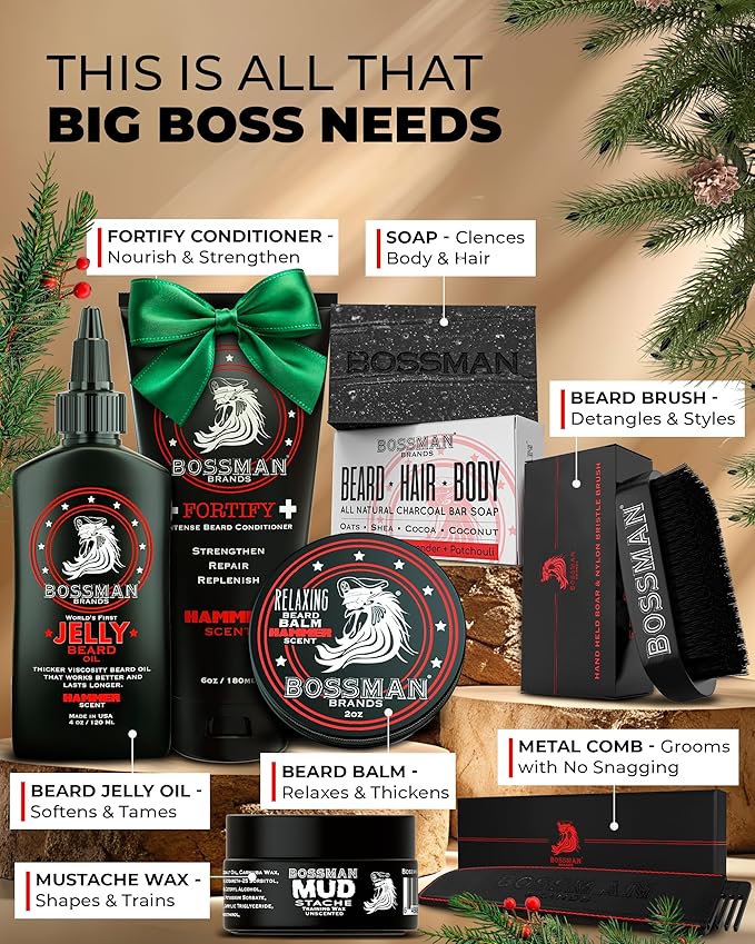 Bossman Big Boss Beard Care Kit for Men - 7 Piece Beard Grooming Kit with Jelly Beard Oil Beard Conditioner Beard Balm MUDstache Wax Bar Soap Metal Comb Brush - Gift Set for Men (Stagecoach)