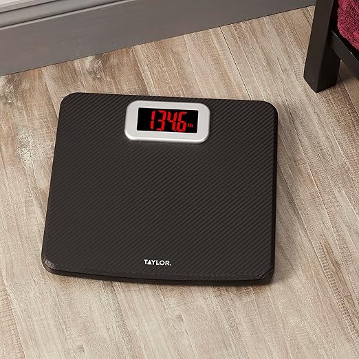 Taylor Digital Bathroom Scale Body Weight Scale 400 LB Capacity Carbon Fiber Anti-Slip Mat 11.8 x 11.8 Inch Platform Black