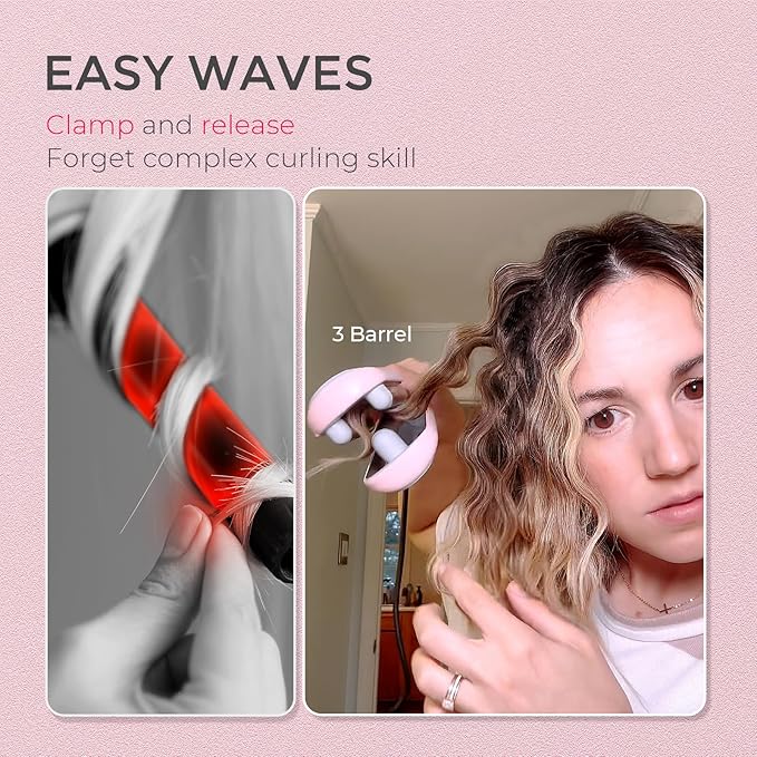 Curling Iron Hair Crimper Waver - TYMO ROVY Beach Waves Curling Wand Ionic Deep Waver Hair Curler Tool with Ceramic 3 Barrel for Women Dual Voltage Anti-Scald Easy to Use Pink 1 Inch (Pack of 2)