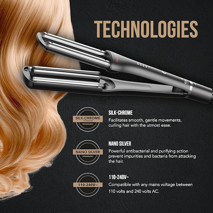 GA.MA Salon Waves LED Curling Iron Adjustable 4‑Size Titanium Wave Barrels (0.67–0.98″) LED Display Auto‑Off Dual Voltage