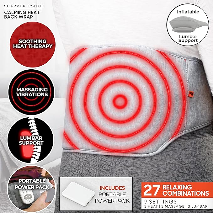 Calming Heat Back Wrap by Sharper Image with Power Pack | Cordless Electric Inflatable Heating Pad Auto Shut-Off Gift for Holidays Women &amp Men | 3 Heat 3 Vibrating Massage &amp 3 Lumbar Setti