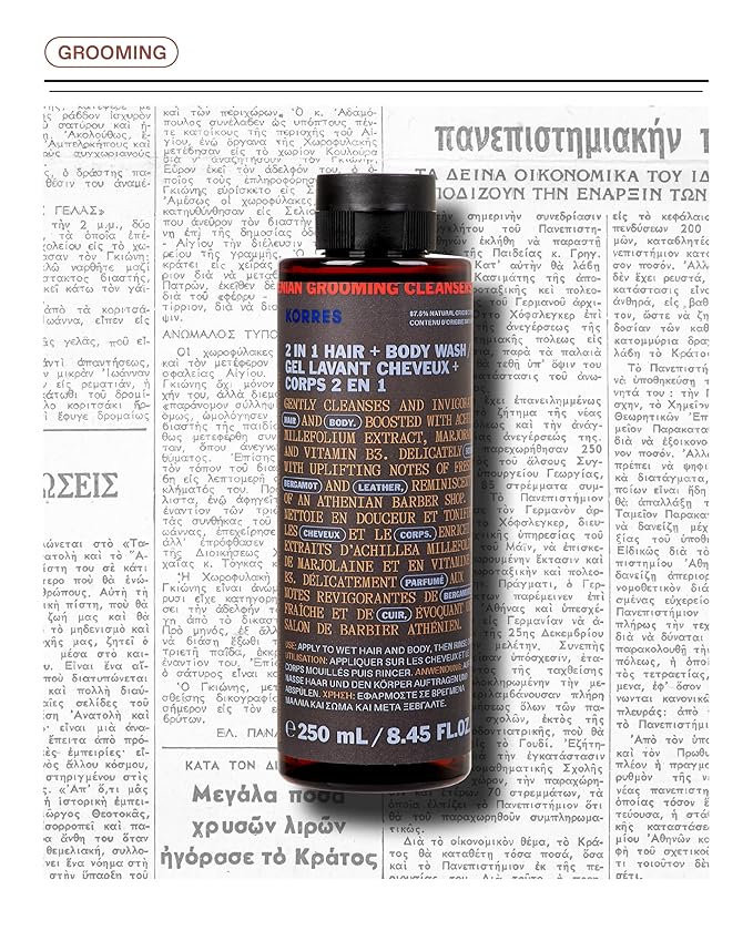 KORRES Athenian Grooming 2-in-1 Men’s Shampoo &amp Shower Gel Moisturising &amp Detangling Formula Achillea Millefolium &amp Marjoram Extracts Bergamot &amp Leather Scent Silicone &amp Parabe