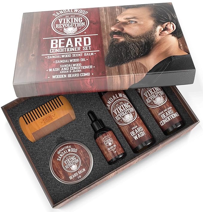 Viking Revolution Ultimate Conditioner for Men's Beard Grooming - Softens Smoothes and Soothes Beard Itch- Contains Wash Conditioner Oil Balm and Comb- Sandalwood Scent