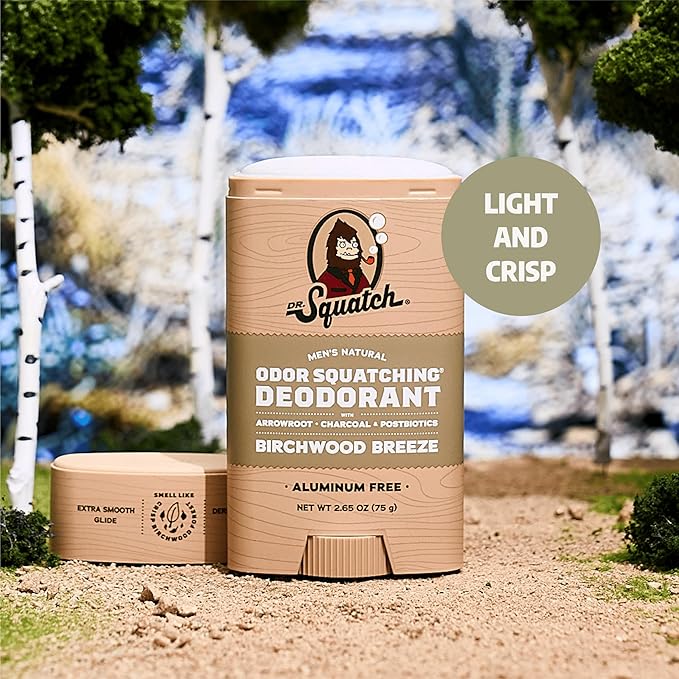 Dr. Squatch Natural Men’s Deodorant – Aluminum Free Natural Deodorant Men with Charcoal &amp Postbiotics for 72-Hour Odor Protection – Birchwood Breeze 2.65oz Stick (3-Pack)