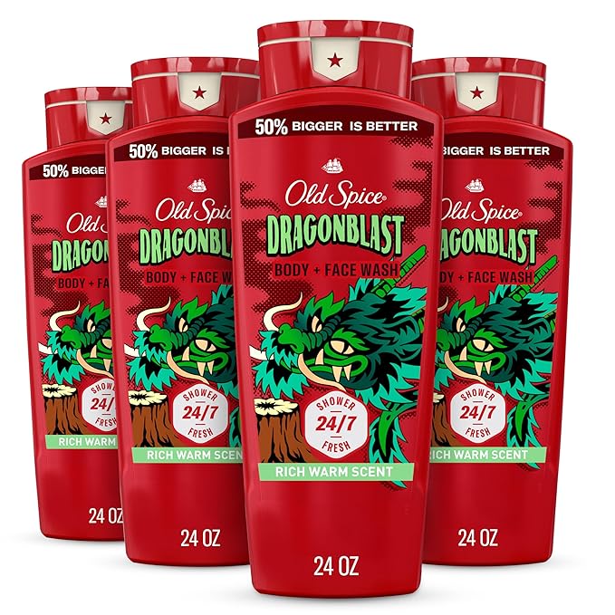 Old Spice Cleansing Body Wash for Men 3X Defense 24/7 Shower Fresh with Lasting Scent 2-in-1 Body &amp Face Wash Dragonblast Scent 24 oz (Pack of 4)