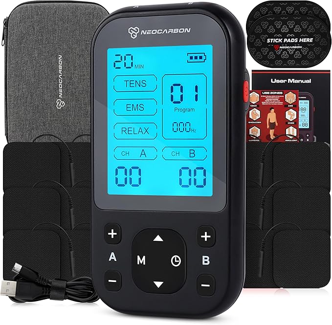 Neocarbon TENS Unit Muscle Stimulator Pro for Back Pain Relief Shoulder Recovery and Physical Therapy Electronic EMS Massager Machine with PMS Pulse for Effective Shock Therapy Black