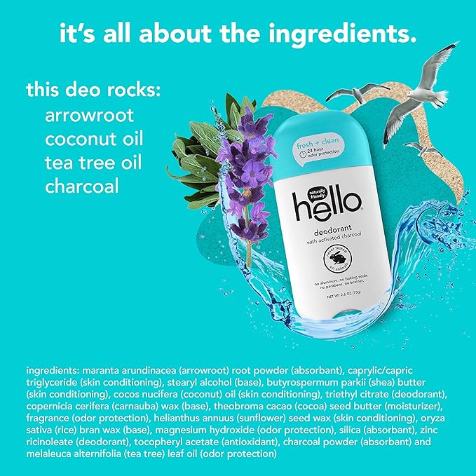 hello Deodorant With Shea Butter for Women + Men 24 Hour Odor Protection - Sweet Coconut Fresh Citrus and Clean + Fresh No Aluminum + No Baking Soda Vegan &amp Parabens Free 2.6oz 3 count