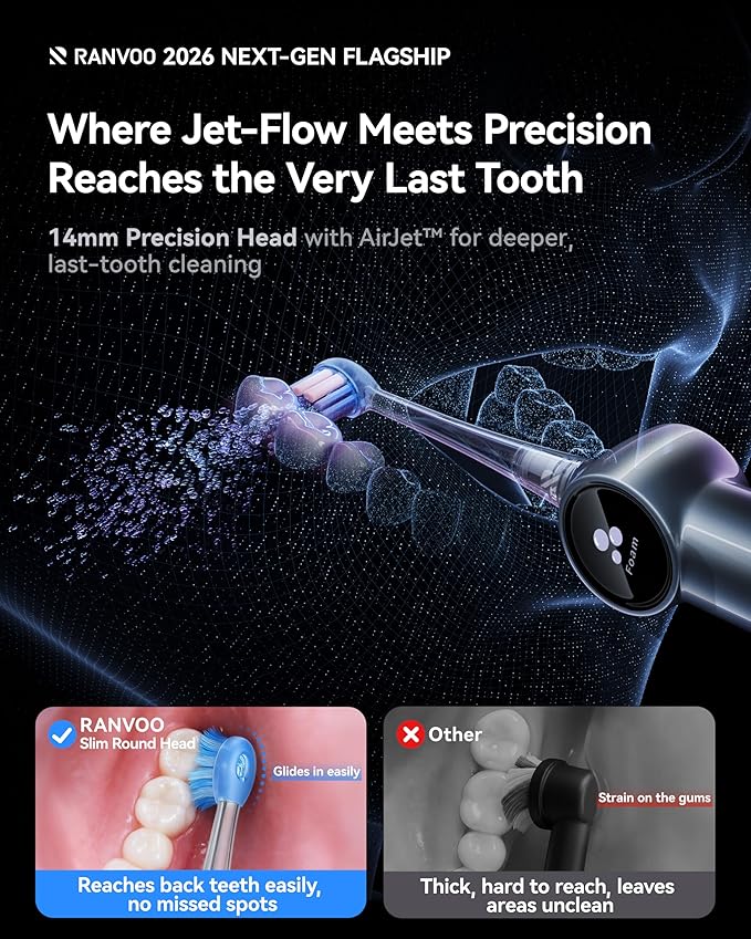 RANVOO AirJet X5 [Next-Gen Jet-Flow | Maximum Clean Power] Sonic Electric Toothbrush 100% Plaque Removal Whitening &amp Gum Care 60-Day Battery Life Rechargeable with 3 Pro Brush Heads Ivory Whi
