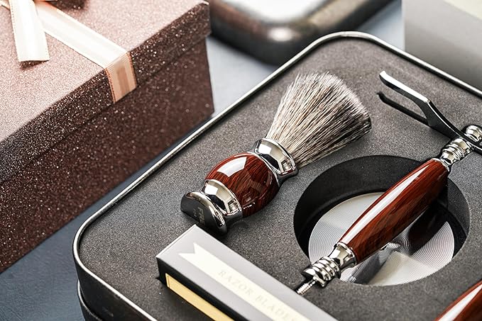 FREED Customized gifts Engraving Luxury Men's 5-Blade Razor set Aluminum Alloy Material incloud 4 Bladesrazor standrazor brushIt's the best gift for men (Purple-Brown)
