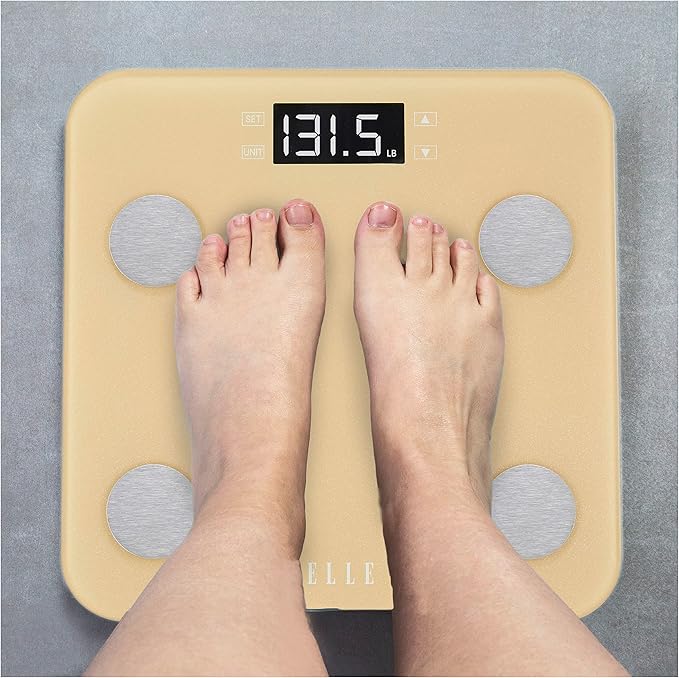ELLE Digital Body Weight Scale with BMI Analyzer and 7 Fitness Indicators Gold LCD Display 400 lbs Capacity Tempered Glass Platform