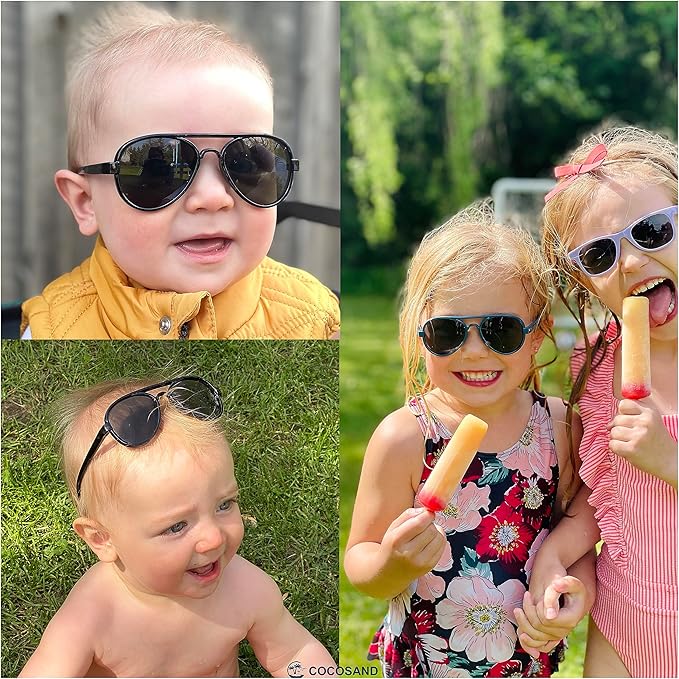 COCOSAND Baby Boys Girls Aviator Sunglasses with Strap Polarized Flexible Retro Pilot for Infants Toddler Age 0-24 Months