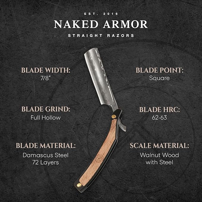 Naked Armor Damascus Straight Razor Kit - Straight Razor Shaving Kit for Men with Carbon Steel 7/8 Blade Leather Strop Organic Shave Soap Synthetic Shaving Brush Strop Paste Leather Case Gift