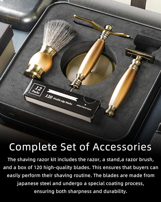 FREED Bronze Series Custom Laser-Engraved Double-Edged Safety Razor Aluminum Alloy Material Includes 120 Bladesit's the best gift for menfathers or birthdays (Bronze Gold)