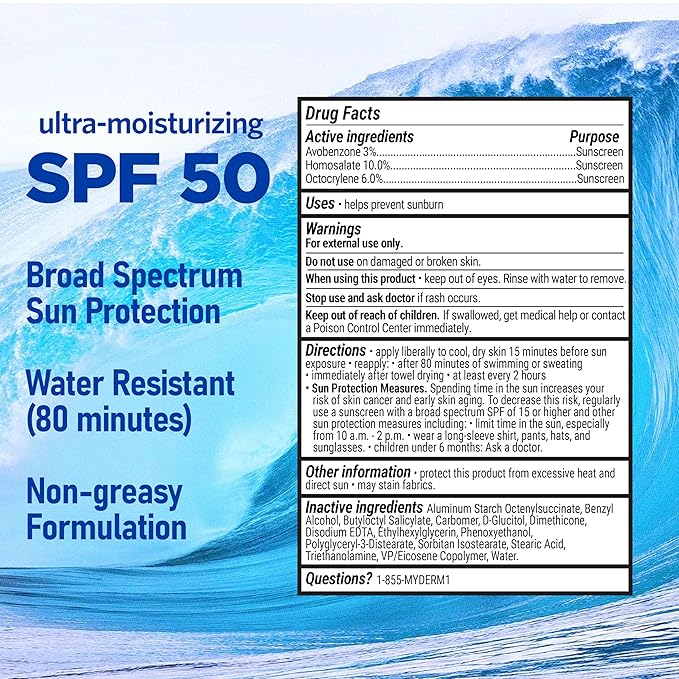 MyDerm Ultra-moisturizing SPF 50 Sport Sunscreen Lotion Free from Octisalate Oxybenzone Octinoxate and Parabens Hawaii 104 Reef Act Compliant 128 oz (1 Gallon) Broad Spectrum UVA/UVB Protection
