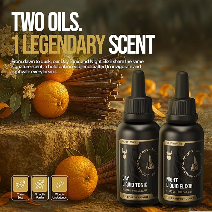 The Beard Struggle Tonic + Elixir Beard Oil Bundle - Gold Collection - Grooming Beard Oil - Softens Moisturizers and Strengthens Beard Growth - Pack of 2 Asgardian Secret