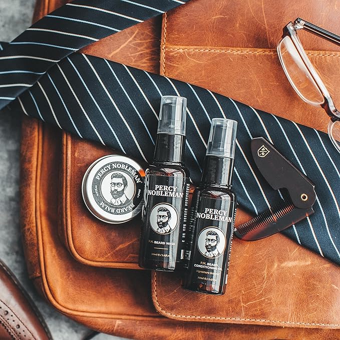 Percy Nobleman Beard Grooming Kit – Gift Set with Signature Scented Beard Oil (1.7 fl oz) Beard Wash (1.7 fl oz) Beard Balm (0.7 fl oz) &amp Beard Comb for Softening Hydration &amp Beard Maintena