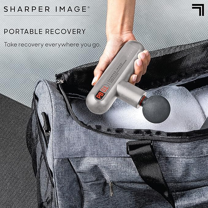 Sharper Image Powerboost Move - Mini Percussion Massage Gun| 4 Attachments 4 Speeds FSA Eligible| Full Body Back &amp Shoulder Massager| Deep Tissue Muscle Recovery| Portable Pain Relief Massage To