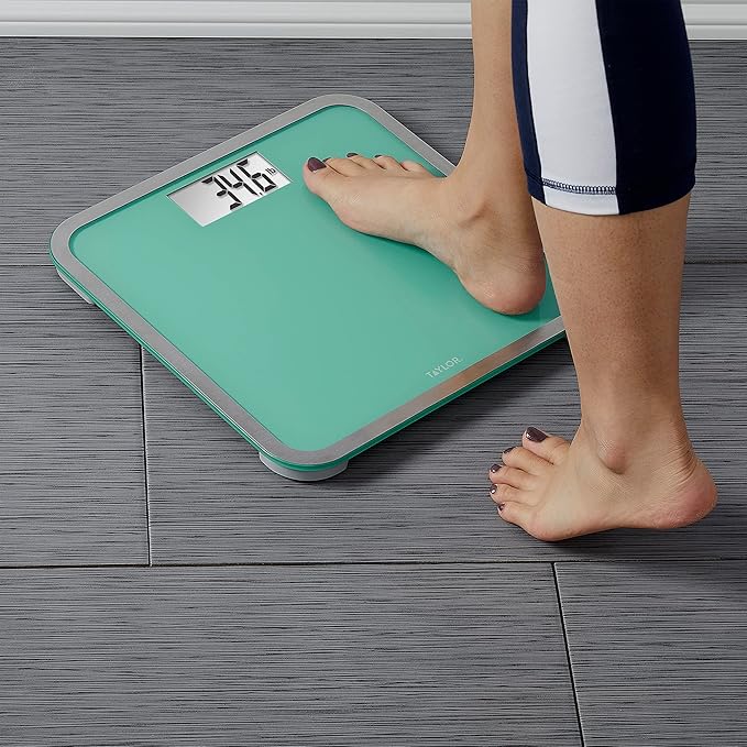 Taylor Digital Glass Bathroom Scale for Body Weight Large Durable Platform Extra High 500 lb Capacity Large 3.5x1.7 White Backlit Display Sea Foam Green