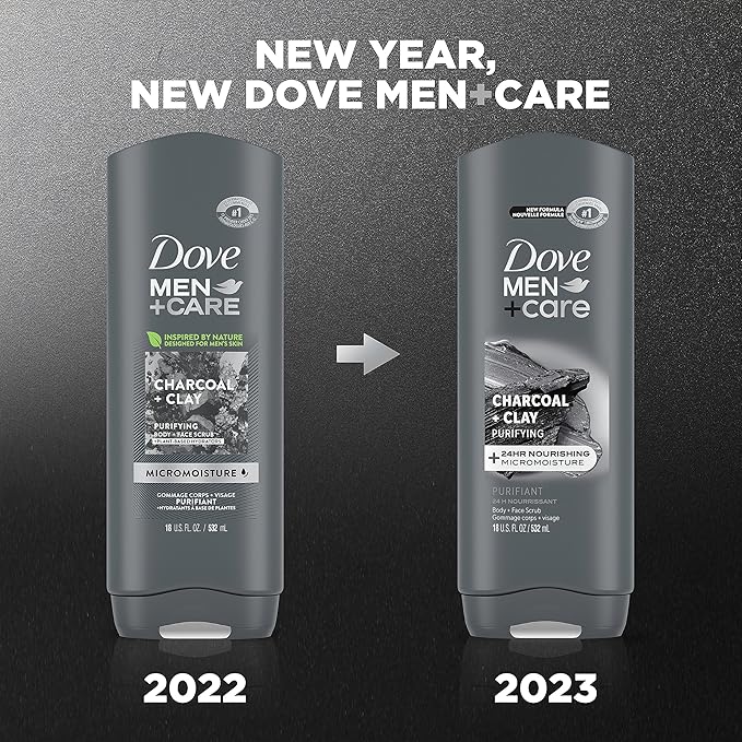 DOVE MEN + CARE Elements Body Wash Charcoal + Clay 4 Count For Men's Skin Care Effectively Washes Away Bacteria While Nourishing Your Skin 18 oz