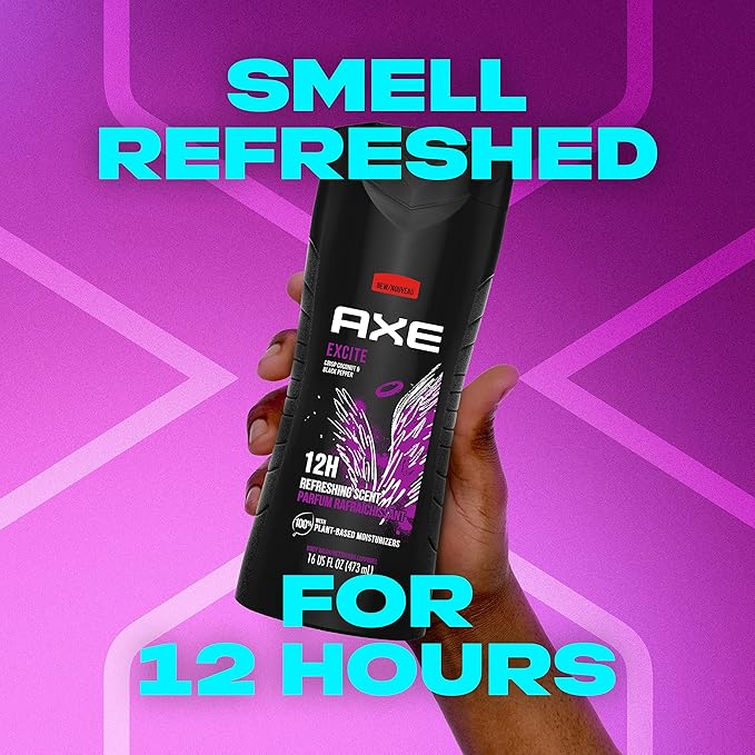 AXE Body Wash 4 Count 12h Refreshing Scent Excite Crisp Coconut &amp Black Pepper Men's Body Wash with 100% Plant-Based Moisturizers 16 oz