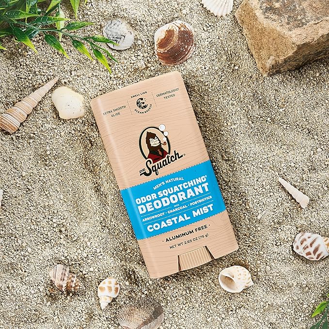 Dr. Squatch Natural Men’s Deodorant – Aluminum Free Natural Deodorant Men with Charcoal &amp Postbiotics for 72-Hour Odor Protection – Coastal Mist 2.65oz Stick (3-Pack)