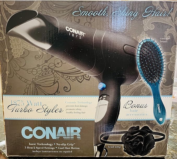 Conair 1875 Watt Turbo Styler Hair Dryer Ionic Technology Bonus pack with Cushion Brush and Head Wrap Included Black
