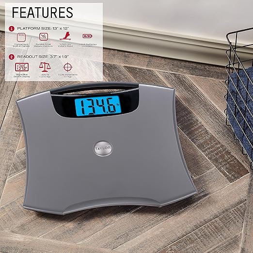 Taylor Digital Scales for Body Weight Extra High 440 LB Capacity Built in Handle Jumbo Blue Readout Durable Platform 13.0 x 12.0 Inches Silver Metallic