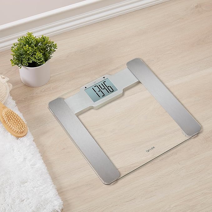 Taylor Digital Body Composition Bathroom Scale – 11.8 Tempered Glass Platform 400 lb Capacity Weight Monitor with Athlete Mode 6 User Recognition &amp Body Analysis Features (Clear)