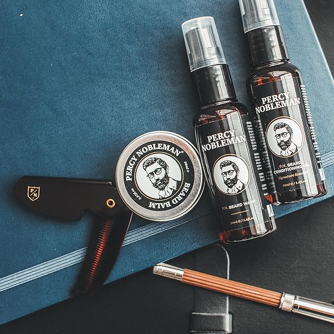 Percy Nobleman Beard Grooming Kit – Gift Set with Signature Scented Beard Oil (1.7 fl oz) Beard Wash (1.7 fl oz) Beard Balm (0.7 fl oz) &amp Beard Comb for Softening Hydration &amp Beard Maintena