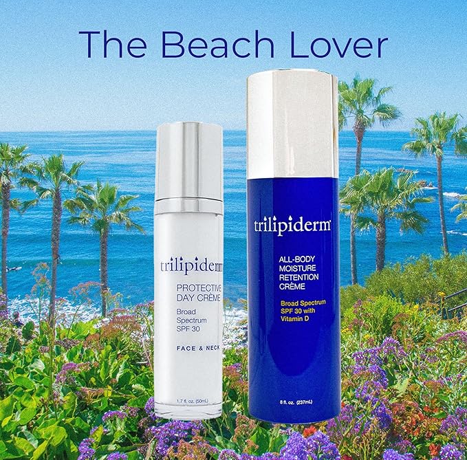 Trilipiderm Beach Lover Bundle - All-Body Moisture Retention Crème &amp Protective Day Crème Broad Spectrum SPF 30 Sunscreen Lotion Set for Face and Body Travel Size